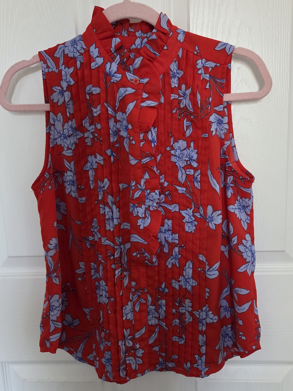 Ann Taylor Red Floral Sleeveless Ruffle-Trim Blouse